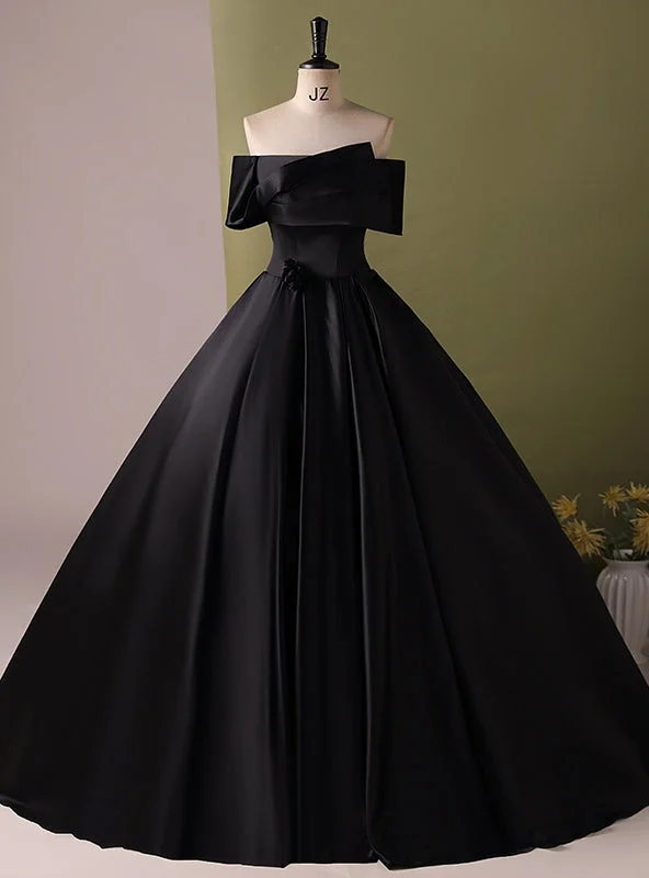 women's prom dressesBlack Satin Off the Shoulder Quinceanera Dress