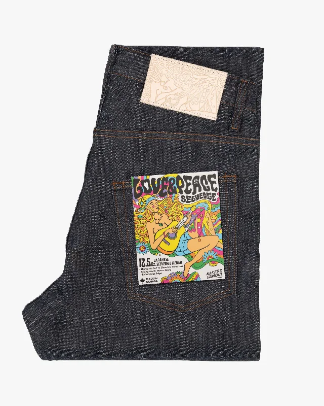 High-Quality Ripped Men's JeansNaked & Famous Denim Weird Guy Regular Tapered Mens Jeans - Love & Peace Selvedge