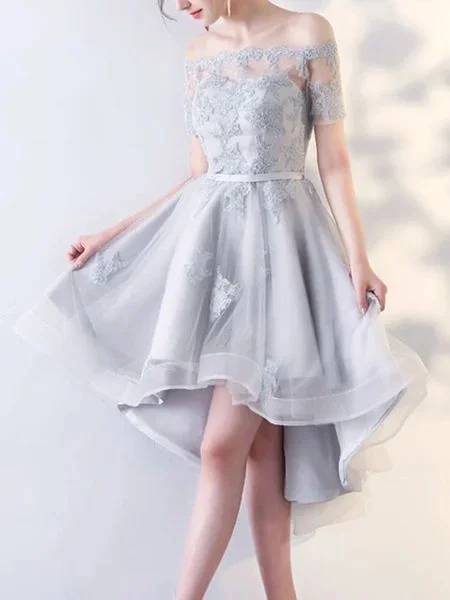 women's lace dressesSilver Grey Off The Shoulder Binding Mini Dress,High Low Evening Dress,Sexy Short Sleeves homecoming dress cg10855 women's lace dressesSilver Grey Off The Shoulder Binding Mini Dress,High Low Evening Dress,Sexy Short Sleeves homecoming dress cg10855