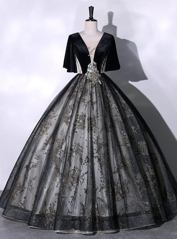 women's cold-shoulder dressesBlack Tulle Sequins Short Sleeve Quinceanera Dress