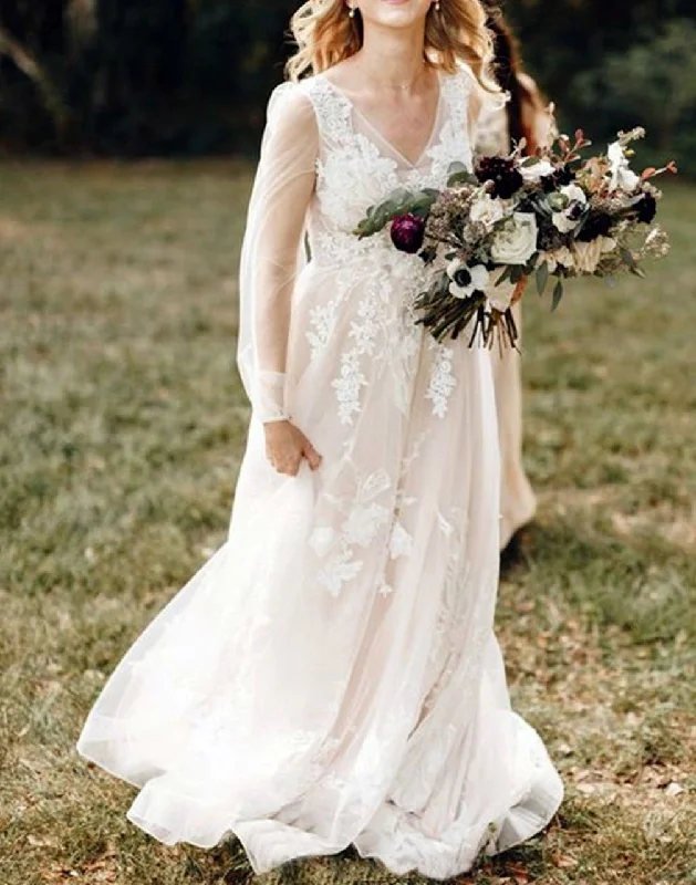 women's easy-to-wear dressesWomen A-Line Appliques Wedding Dresses V-Neck Long Sleeves Bridal Gowns YWD213 women's easy-to-wear dressesWomen A-Line Appliques Wedding Dresses V-Neck Long Sleeves Bridal Gowns YWD213