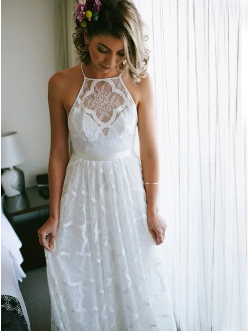 Cut-Out DressSimple A-Line Halter Lace Beach Wedding Dress