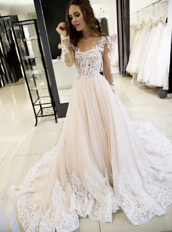 Neon DressSheer Round Neckline Tulle Lace Appliques Long Sleeves Wedding Dresses OW616 Neon DressSheer Round Neckline Tulle Lace Appliques Long Sleeves Wedding Dresses OW616