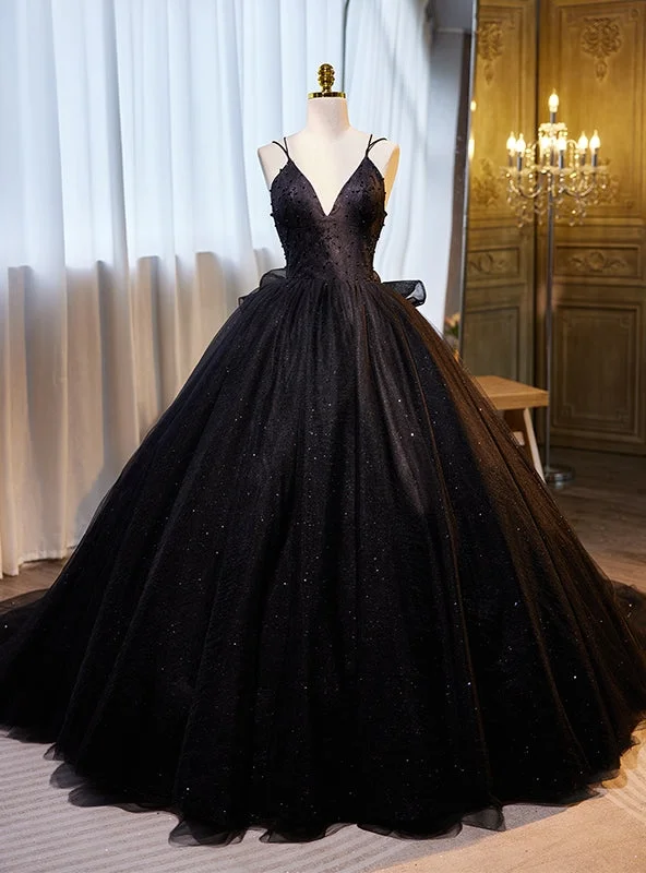 women's wrap dressesBlack Tulle Sequins V-neck Quinceanera Dress