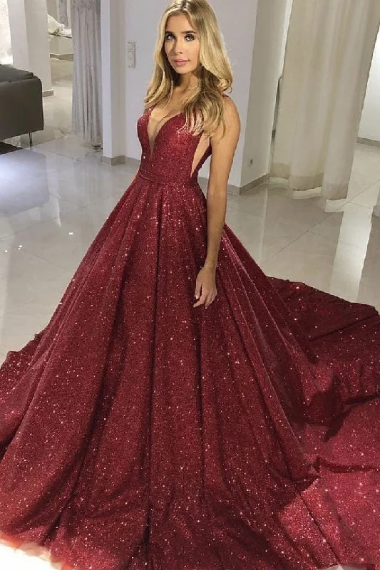 women's party dressesSparkly Tight Long Ball Gown Sequin Shiny Burgundy Princess Quinceanera Dresses