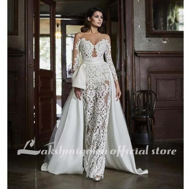 women's statement dressesNew Lace Wedding Bridal Jumpsuit Dresses Long Sleeves