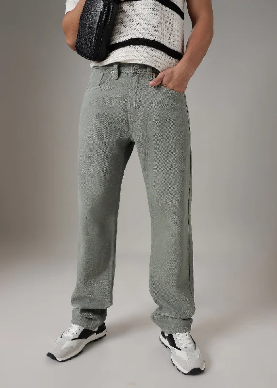 Men's Jeans with Fashionable RipsGreyish Green Straight Fit Denim