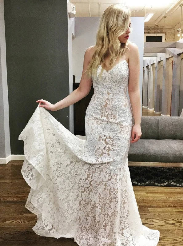 Flutter-Sleeve DressMermaid Sweetheart Lace Wedding Dresses, Lace Bridal Gown With Beading OW623