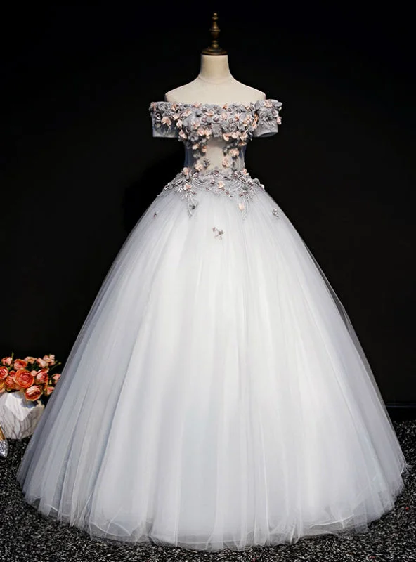 Short-Sleeve DressAvailable In Sizes 0-24 Gray Ball Gown Tulle Appliques Off the Shoulder Short Sleeve Quinceanera Dress Short-Sleeve DressAvailable In Sizes 0-24 Gray Ball Gown Tulle Appliques Off the Shoulder Short Sleeve Quinceanera Dress