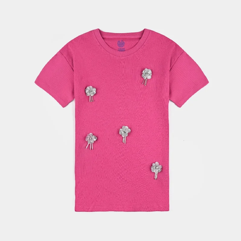 Men's Shirts with High NecksGirls Cotton Rib T-Shirt H/S Flowers-Fuchsia