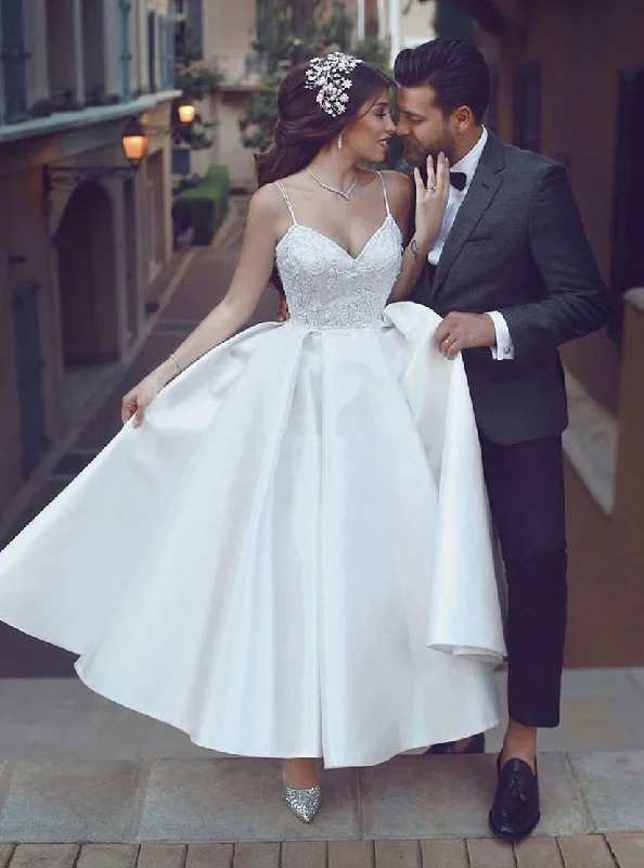 women's formal dressesSimple V Neck Satin Tea Length Prom Dress Wedding Dress