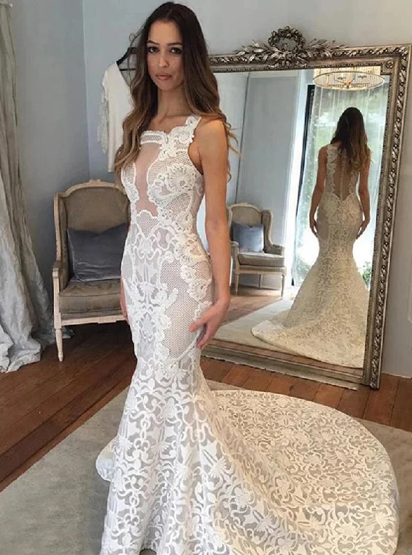 Tea-Length DressSquare Illusion Back Court Train Mermaid Lace Wedding Dress OW640
