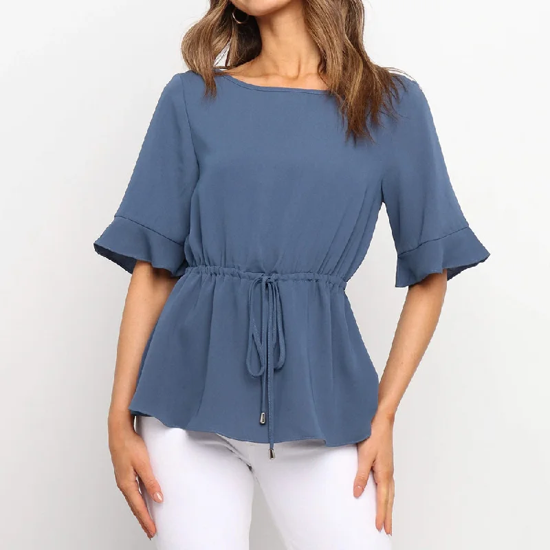 Men's Sweaters for AutumnKittenAlarm - Women's ruffle round neck with five - quarter sleeves pullover T-shirt