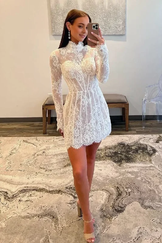 women's vintage dressesCharming Sheath High Neck  Lace Short Homecoming Dresses