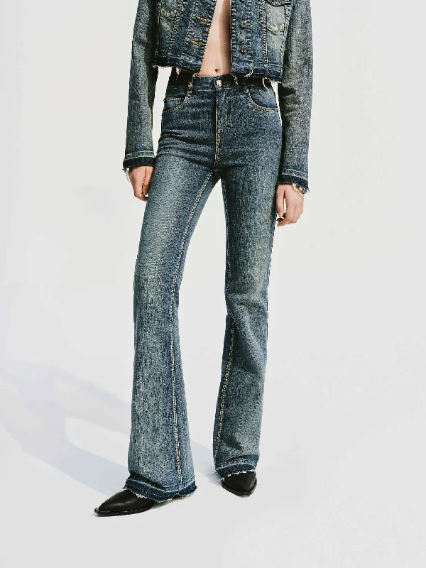 Leather Patch Embellished Men's JeansVintage Style Stretchy Flared Jeans