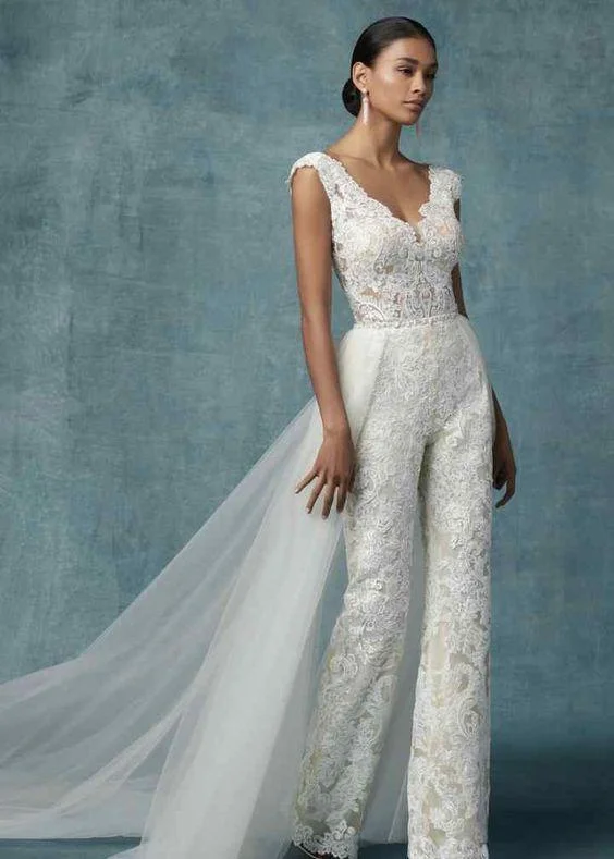 women's minimalist dressesLace Bridal jumpsuit Wedding pants dress Appliques Lace