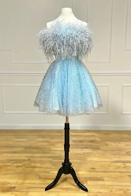 Casual Chic DressStrapless Feather A-line Cute Homecoming Dress
