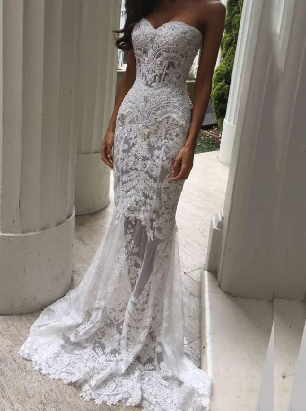 Casual Chic DressSexy Mermaid Sweetheart Lace Appliques Beach Wedding Dress OW325