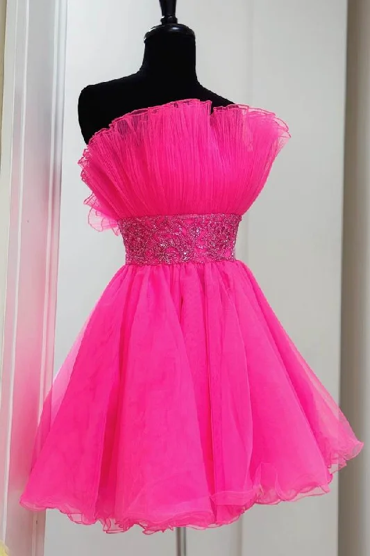 women's retro dressesHot Pink Strapless A-line Tulle Homecoming Dress