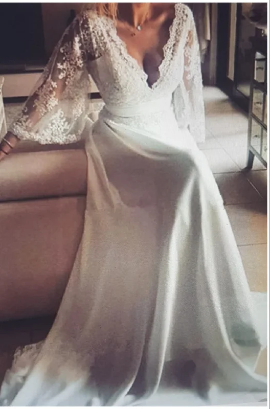 women's vacation dressesA Line V Neck Long Sleeves Beach Wedding Dresses Dress