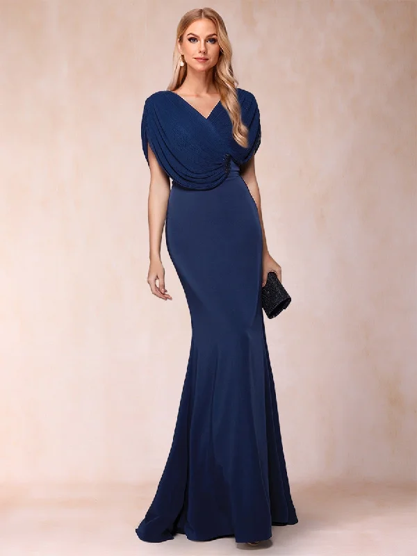 Cold-Shoulder DressTrumpet/Mermaid V-Neck Short Sleeves Pleated Mother of the Bride Dresses with Rhinestone