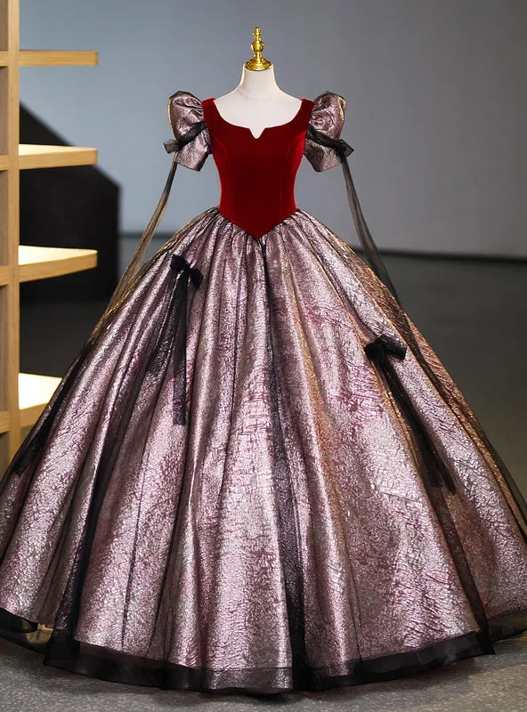 women's chiffon dressesBlack Tulle Burgundy Velvet Puff Sleeve Quinceanera Dress
