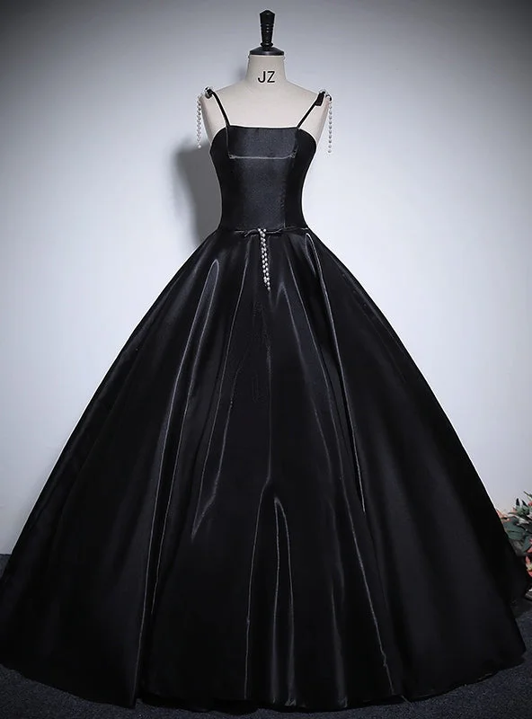women's midi dressesBlack Satin Spaghetti Straps Quinceanera Dress