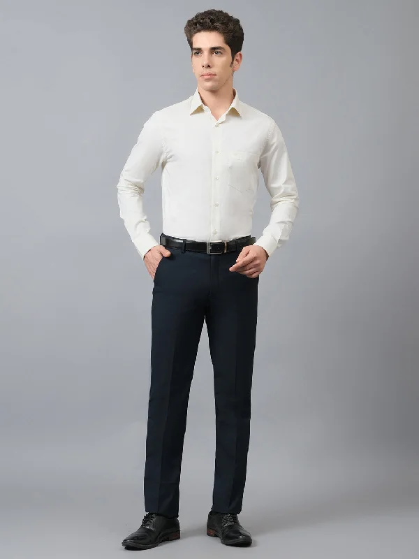 Classic Men's JeansMen's Solid Navy Blue Non Pleated Regular Fit Formal Trouser