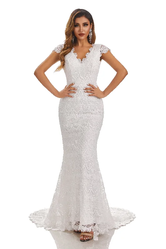 women's sleeveless dressesMermaid Long V-Neck Cap Sleeves Wedding Dress With Lace Appliques women's sleeveless dressesMermaid Long V-Neck Cap Sleeves Wedding Dress With Lace Appliques