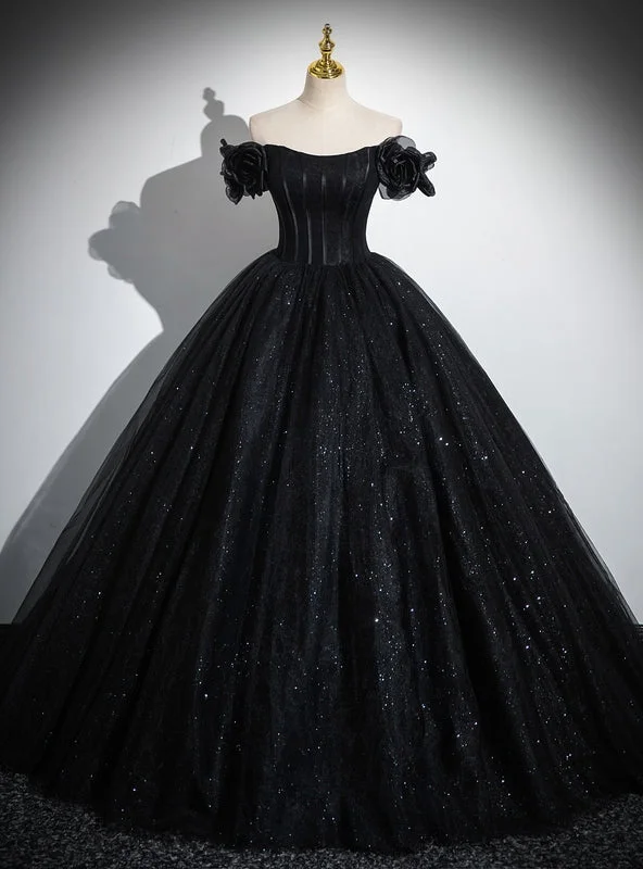 Maternity DressBlack Ball Gown Tulle Sequins Off the Shoulder Quinceanera Dress