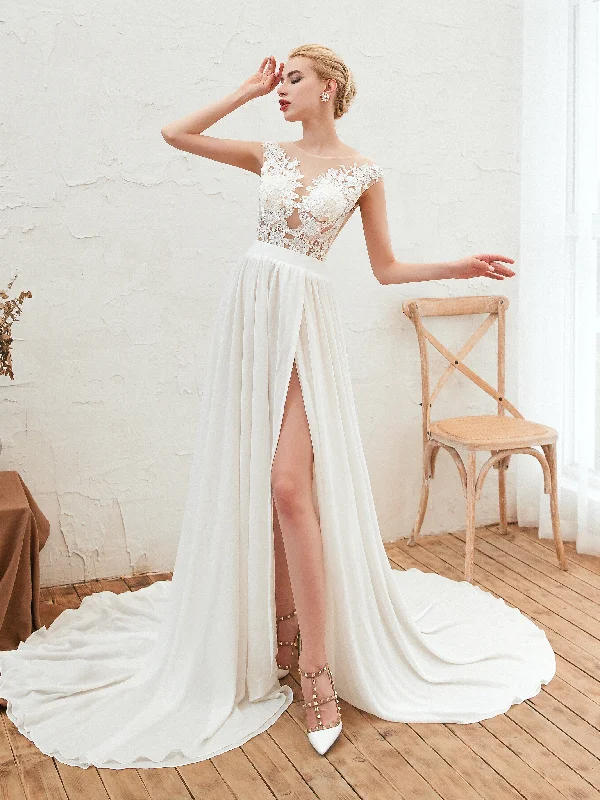 women's wrinkle-resistant dressesLace Bateau Long Chiffon Side Split Wedding Dresses AS23347