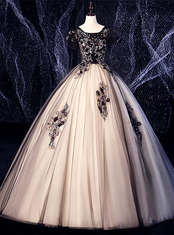 women's high-low dressesBlack Tulle Appliques Puff Sleeve Quinceanera Dress