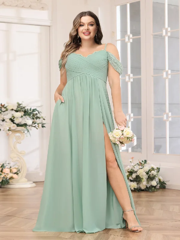 Ruffled Hem DressA-Line/Princess Spaghetti Straps Long Plus Size Wedding Party Dresses with Split Side & Pockets Ruffled Hem DressA-Line/Princess Spaghetti Straps Long Plus Size Wedding Party Dresses with Split Side & Pockets
