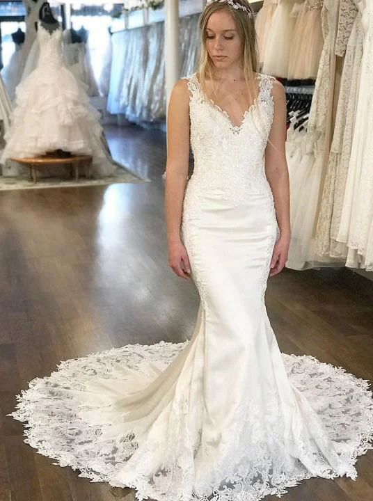 women's flutter-sleeved dressesMermaid V neck Lace Wedding Dresses Cathedral Train Wedding Gowns women's flutter-sleeved dressesMermaid V neck Lace Wedding Dresses Cathedral Train Wedding Gowns