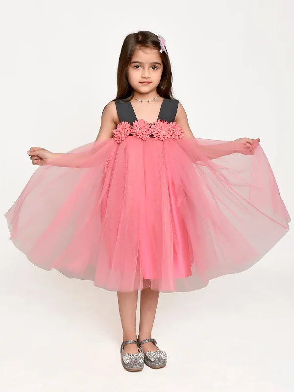 Bell-Sleeve DressPink Flower embelished Net Partywear Dress