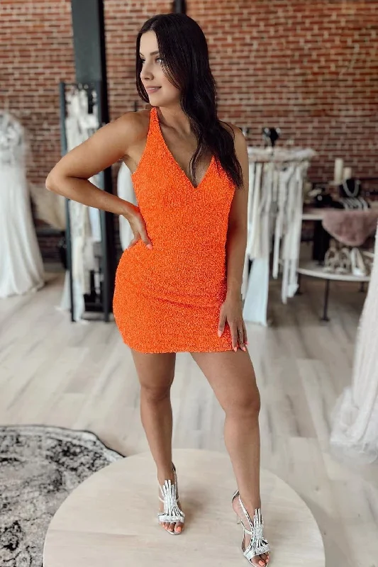 Evening DressOrange V Neck Sequins Homecoming Dress