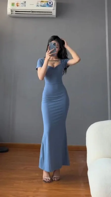 Striped DressSHORT-SLEEVE BLUE MIDI MERMAID EVENING DRESS PARTY DRESS     cg25309