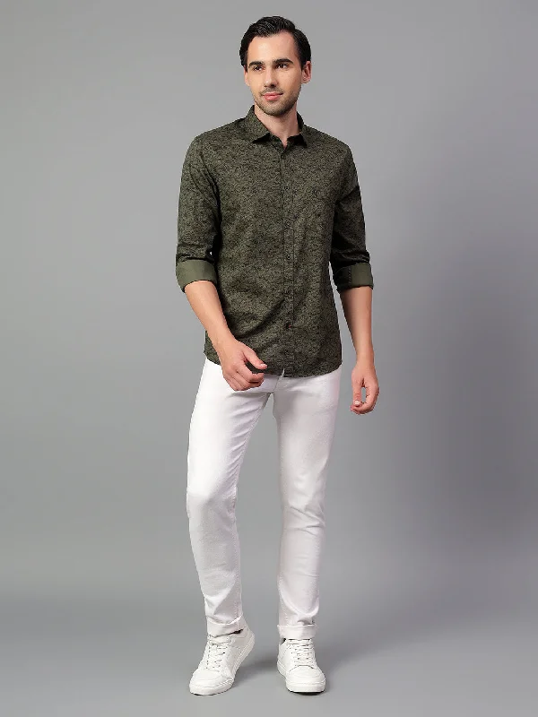 Breathable Men's Linen ShirtsMen's Green Printed Full Sleeve Casual Shirt