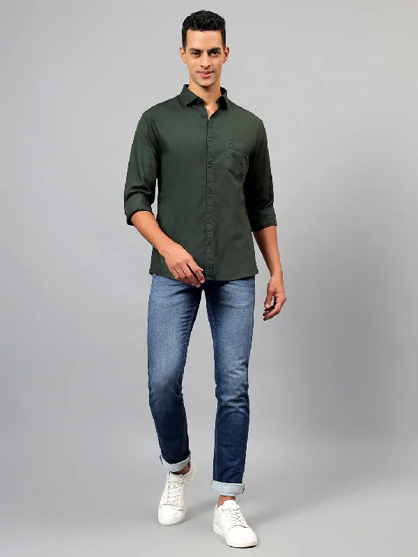 Classic Men's Dress ShirtsMen's Olive Green Solid Full Sleeves Casual Shirt