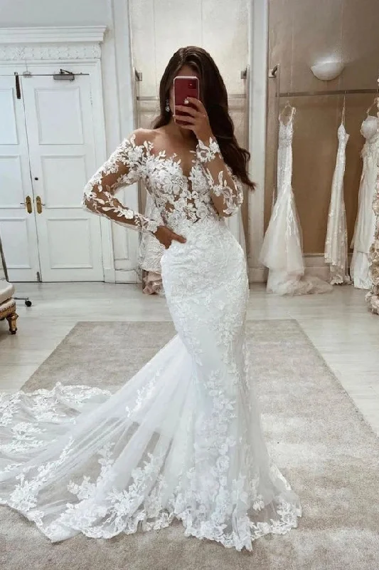 Custom DressMermaid Bateau Neck Long Sleeves Lace Appliques Wedding Dresses N021