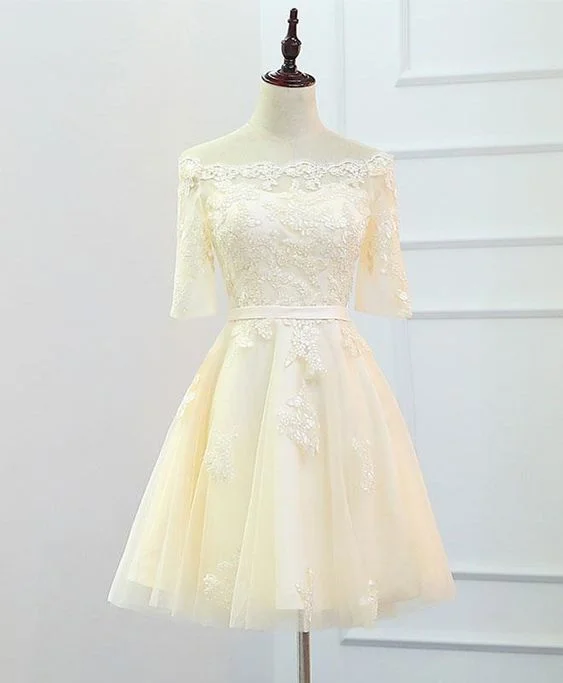 Skater DressChampagne lace short homecoming dress, champagne evening dress  cg12248