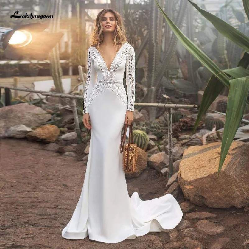 women's custom dressesSatin Long Sleeve Dress Women Mermaid Wedding Gowns