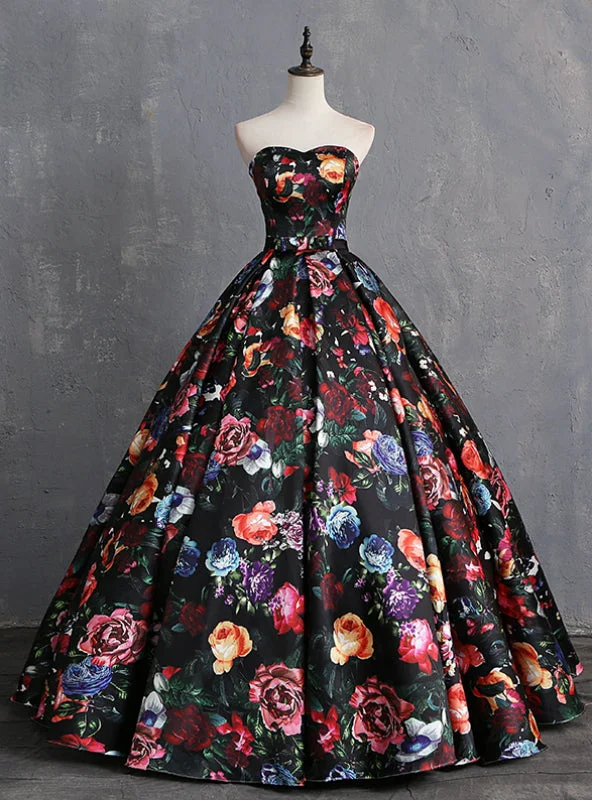 women's wedding guest dressesBlack Satin Print Sweetheart Quinceanera Dresses With Bow