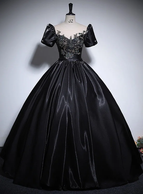 women's maxi dressesBlack Satin Short Sleeve Appliques Quinceanera Dress