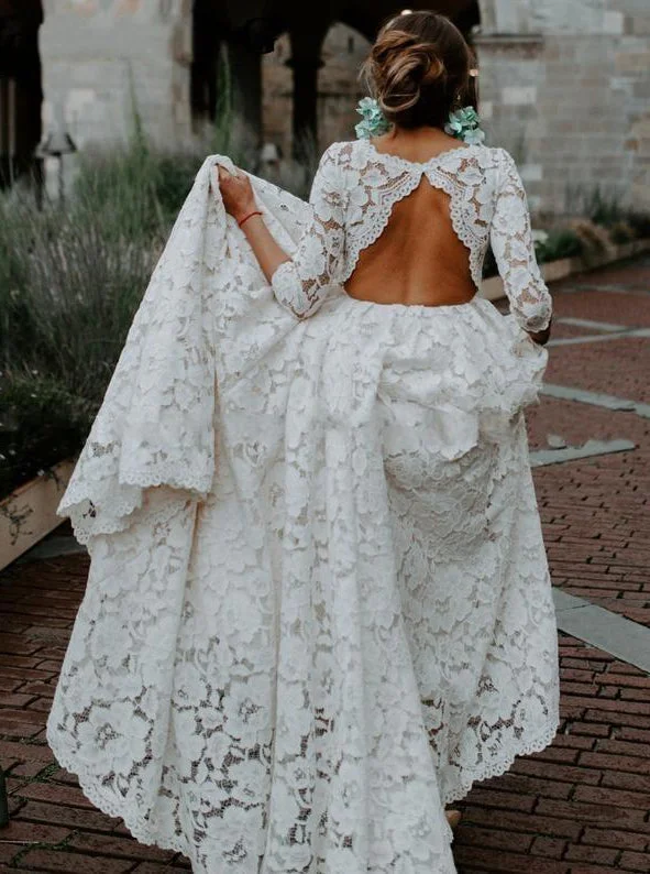Cocktail DressBohemian Keyhole Lace Beach Wedding Dresses With 3/4 Sleeves