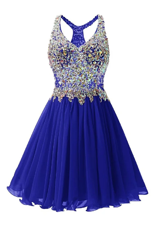 women's sleeveless dressesNavy Blue Chiffon Crystal Homecoming Dress