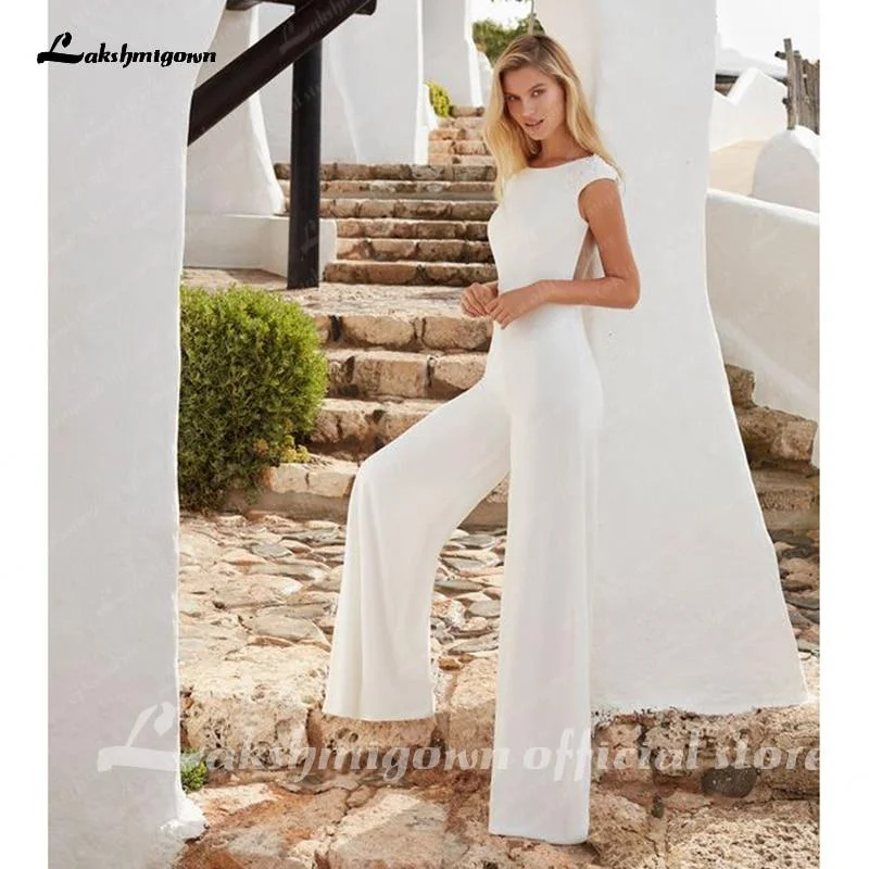 women's boho dressesSimple Wedding Jumpsuit Simple Beach Lace Short Sleeve