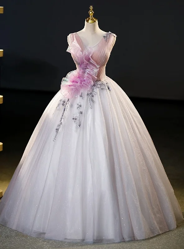 Glitter DressBall Gown Tulle V-neck Pleats Appliques Quinceanera Dress