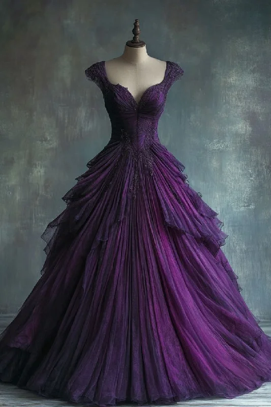 Leather DressRetro Purple Long Evening Dress Tulle Princess Dresses    cg25336