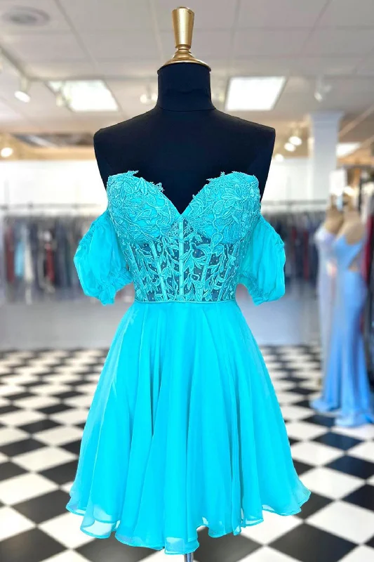 Embellished DressA Line Lace Off the Shoulder Homecoming Dress with Appliques